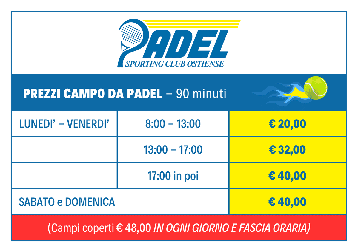 I prezzi per affitto campo da padel allo Sporting Club Ostiense